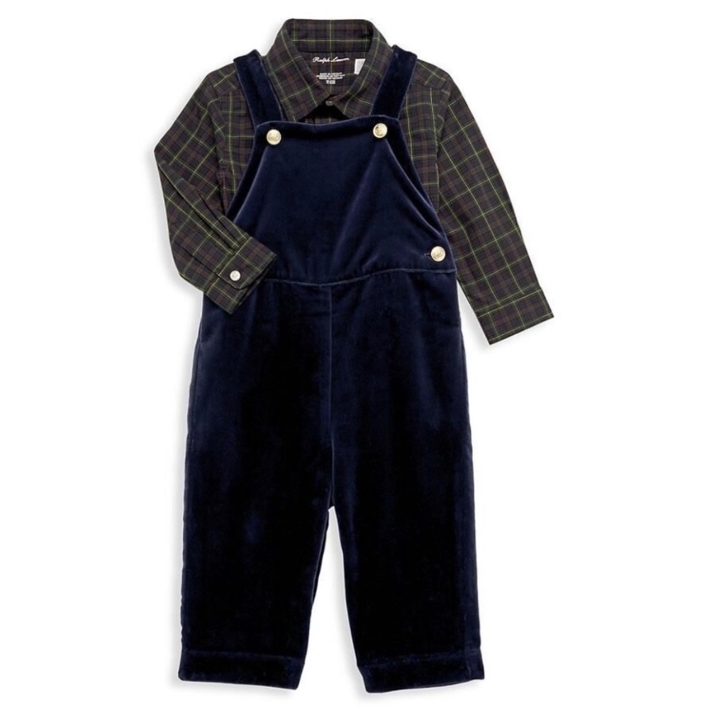 Boy's Plaid-Print‎ Shirt & Velvet Overalls Set Size 12M